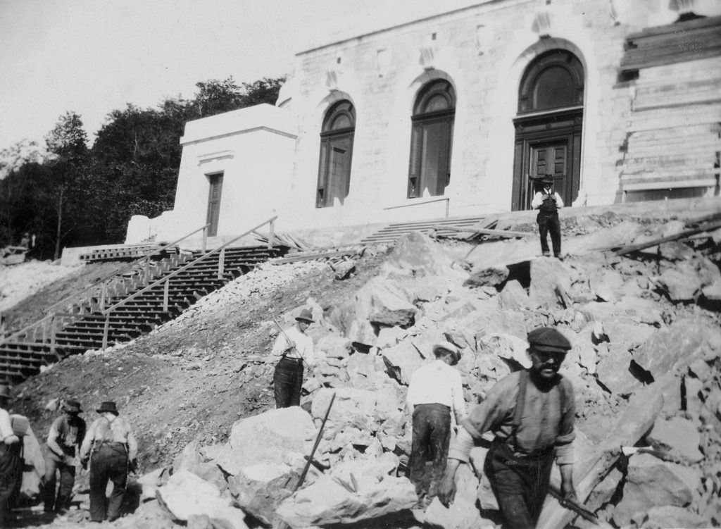 1917 - Laborers working on the construction of the Crypt Church, which will be inaugurated on December 16, 1917.