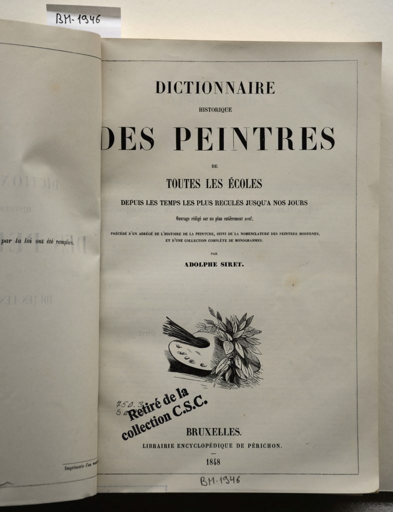 Page de titre du Dictionnaire des peintres de toutes les écoles depuis les temps reculés jusqu’à nos jours d’Adolphe Siret (1848)